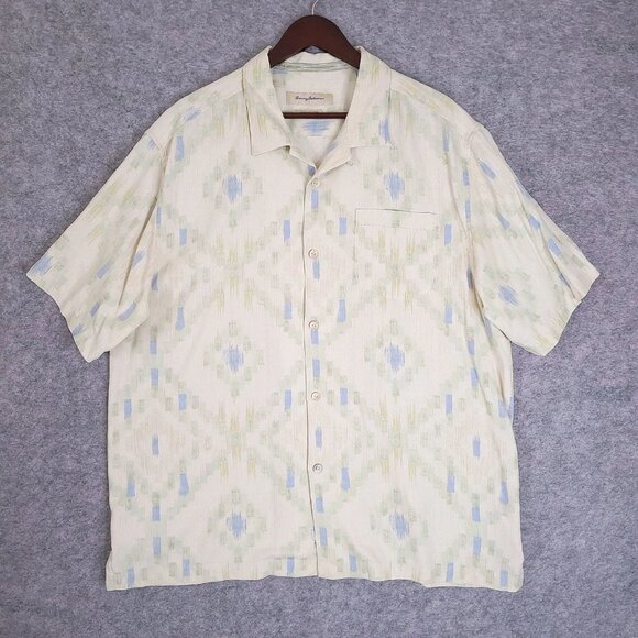 TOMMY BAHAMA Mens XL Silk Ikat Diamond Print Short Sleeve Beige Camp Shirt - Picture 1 of 9